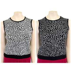 ST. JOHN Reversible Sweater Shell  Giraffe Blue & Black  Sleeveless Cropped SZ 8